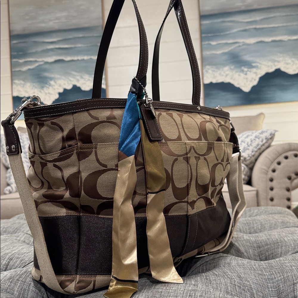 Coach Signature Stripe Baby Diaper Work Travel Large Canvas Brown Tote - Picture 3 of 17